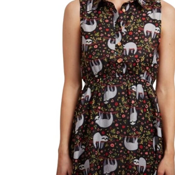 La Vie Lente Womens A Line Mini Dress Black Floral Hanging Sloth Print S - Picture 2 of 4